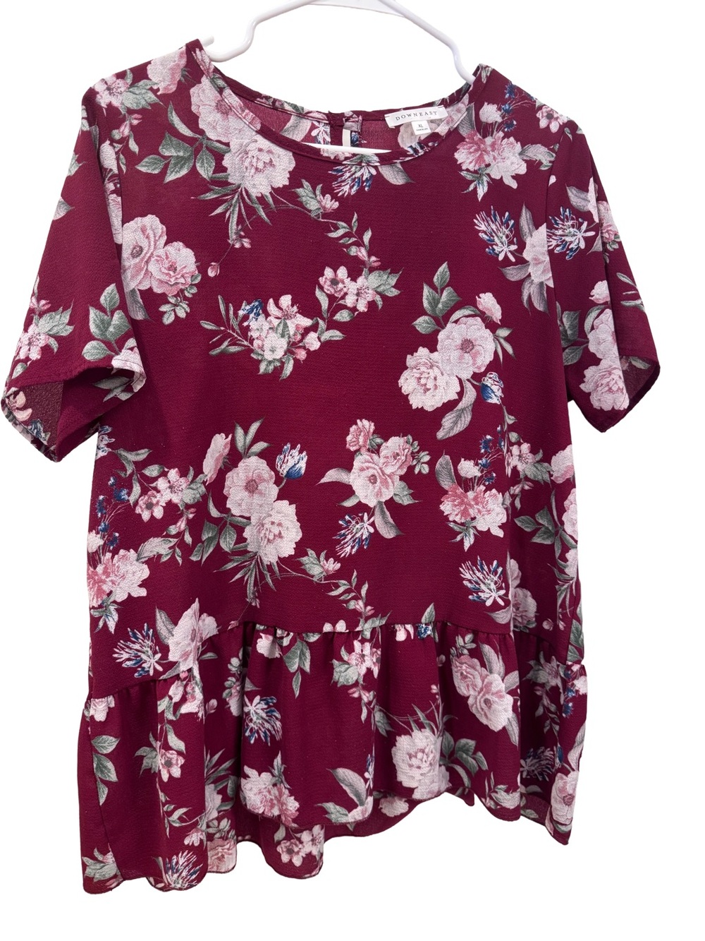 Downeast Burgundy Floral Peplum Top Maroon Short Sleeve Ruffle Hem Blouse